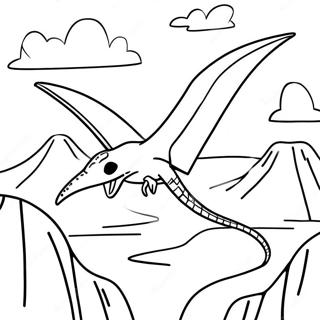 Página para colorear de un pterodáctilo volando sobre un volcán | Página para colorear de Pterodáctilo