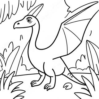 Página para colorear de un pterodáctilo colorido en una jungla | Página para colorear de Pterodáctilo