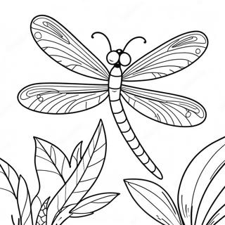 Página para Colorear de Libélula Colorida en un Jardín | Página para colorear de Libélula