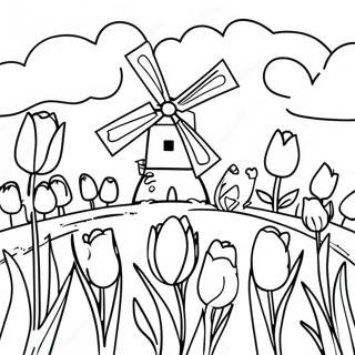 Página para Colorear Paisaje de Holanda con Tulipanes | Página para colorear de Holanda