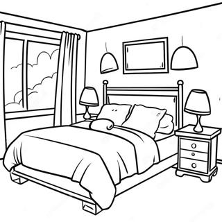Página para Colorear de Interior de Dormitorio Acogedor | Página para colorear de Interior
