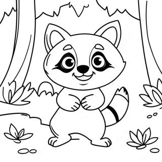 Página para Colorear de un Lindos Mapache Jugando en el Bosque | Página para colorear de Mapache