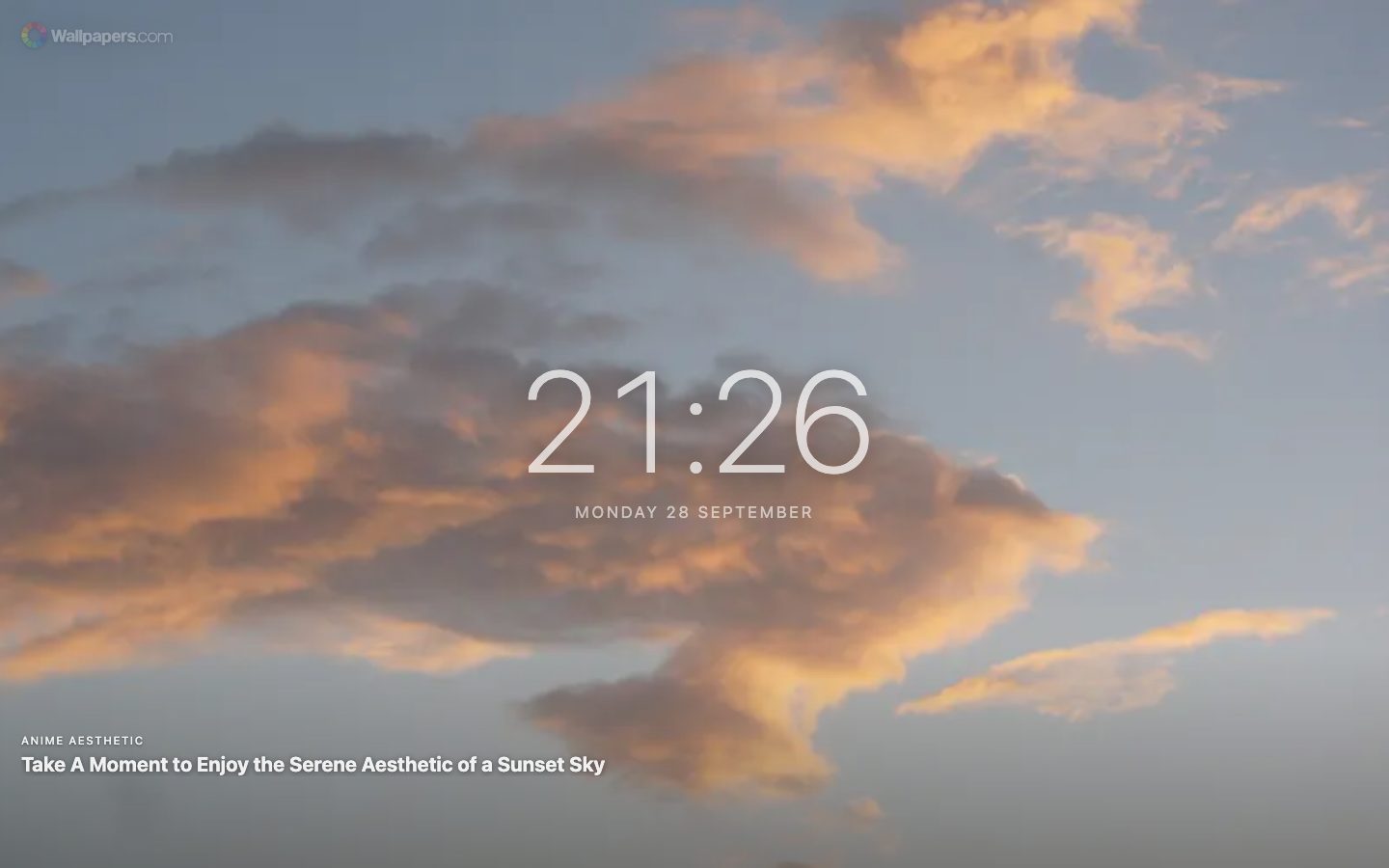 Nueva pestaña con un gran reloj y la fecha sobre un fondo de pantalla de cielo al atardecer
